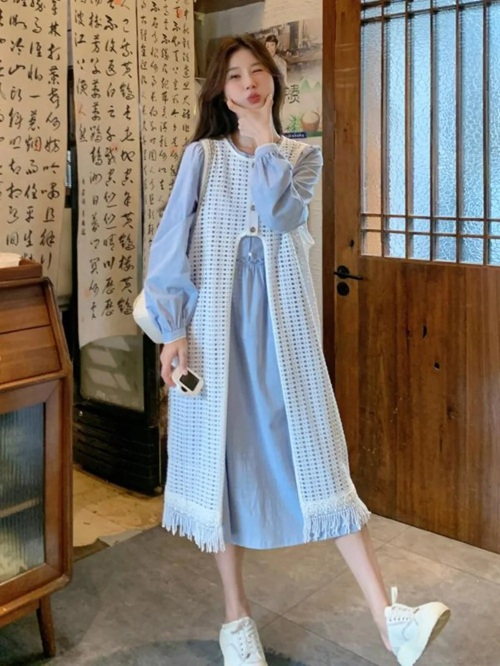 Vestido de camada azul chiffon camisa vestido com franja bainha sobreposição início do outono estética feminina estilo etéreo núcleo sillage