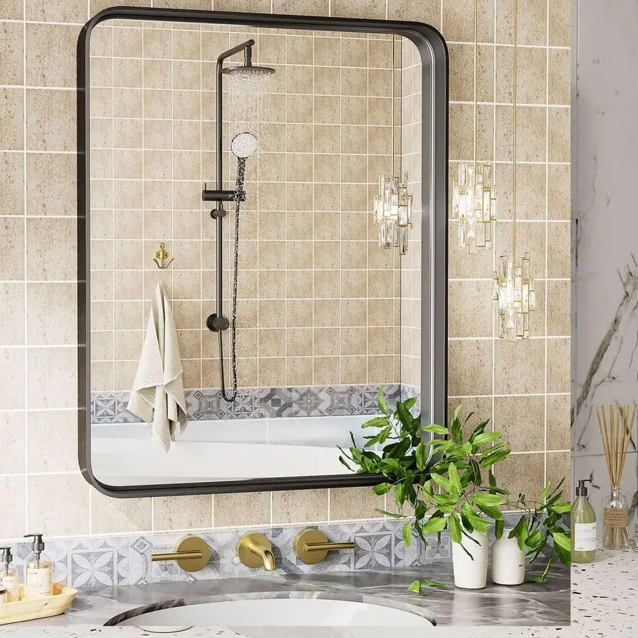 

Bathroom Mirror, 36 X 24 Inch Black Rectangle Vanity Aluminum Alloy Framed Wall Mirror, Wall Mirror Farmhouse AntiRust Tempered