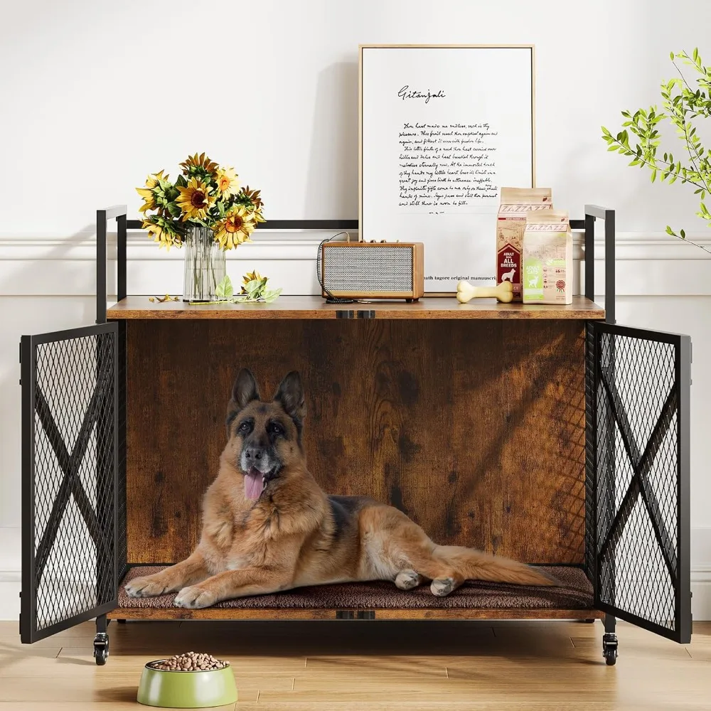

41 Inch Dog Crate Furniture, Heavy Duty Decorative Dog Cage with Lockable 360° Wheels, Double Door Dog Kennel End Table for for
