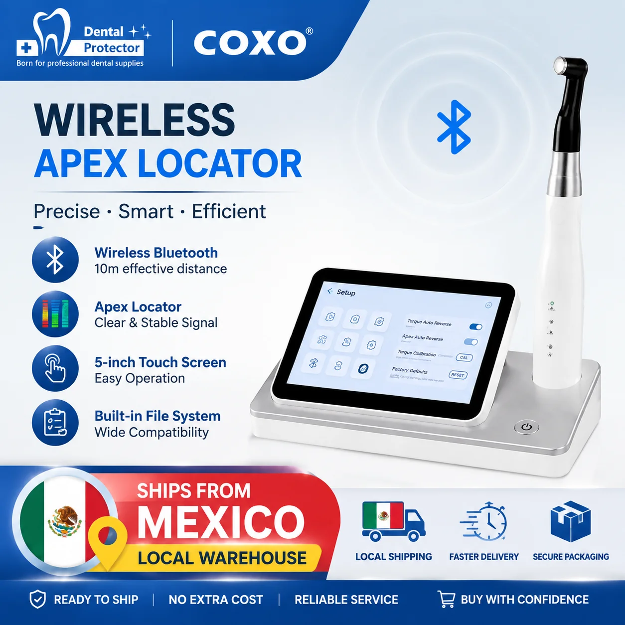 COXO Wireless Endo Motor Apex Locator Dental Root Canal Device 5 Inch Touch Screen Built-in File System 360° Contra Angle Mexico