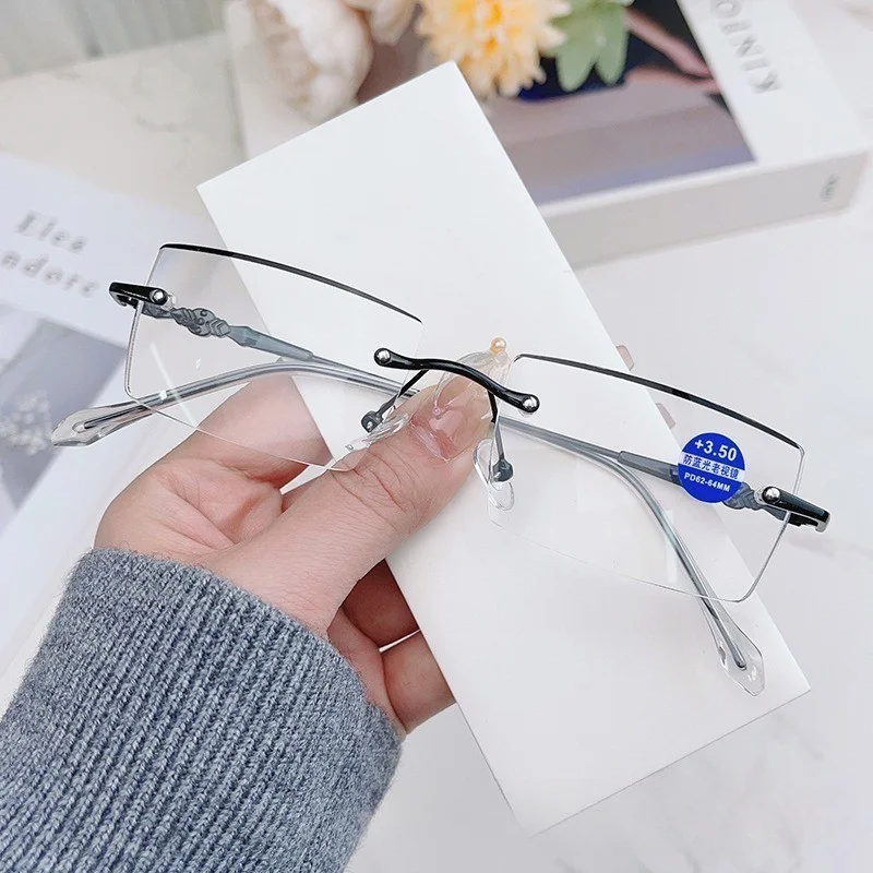 Modische Diamant-Anti-Blaulicht-Lesebrille für Damen und Herren, randlose Brille, Blaulichtblocker, Schutzbrille +1,0 bis +4,0