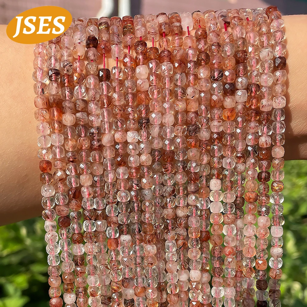 JSES Natural Copper Rutilated Quartz Square Cube Faceted Seed Beads Loose Stone Small Tiny Beads for Jewelry Making Diy Bracelet