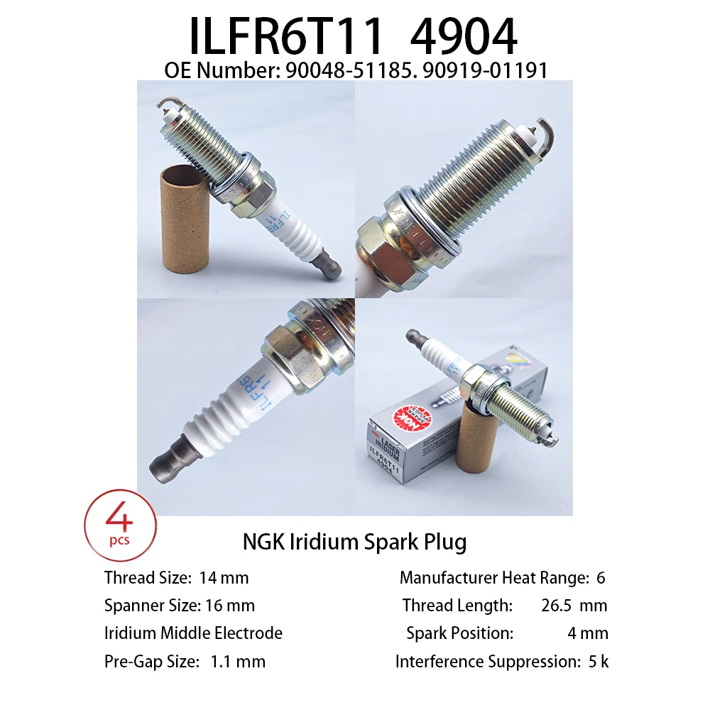 

4pcs Original NGK Iridium Spark Plug ILFR6T11#4904 Suitable For TOYOTA 4Runner 03-13 FJ Cruiser 07-13 Land Cruiser 08-21 etc
