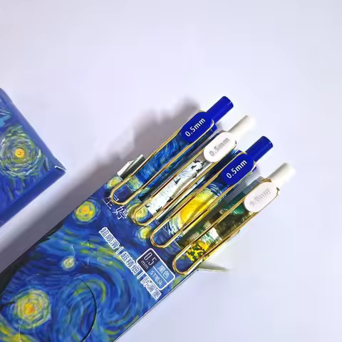 4Pcs/Box Trendy Van Gogh Oil Painting Press Gel Pen Black Ink ST 0.5mm Ballpoint Pens Stationery Quick-Drying Pens Student Exam
