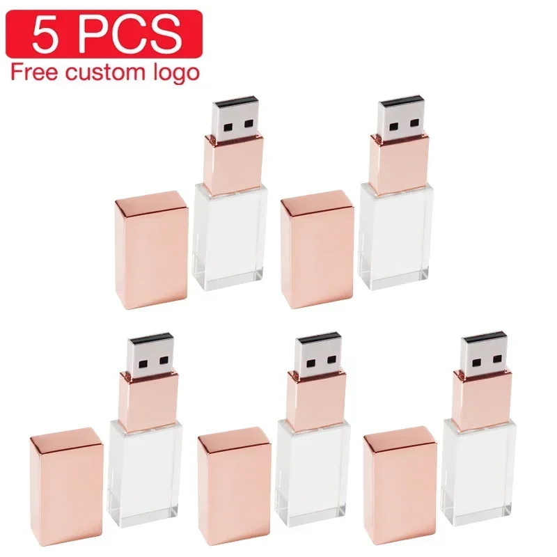 5 PCS LOT USB Flash Drives 128GB Crystal Pen Drive 64GB Free Custom Logo Memory Stick 32GB Creative Wedding Gift USB Stick 16GB