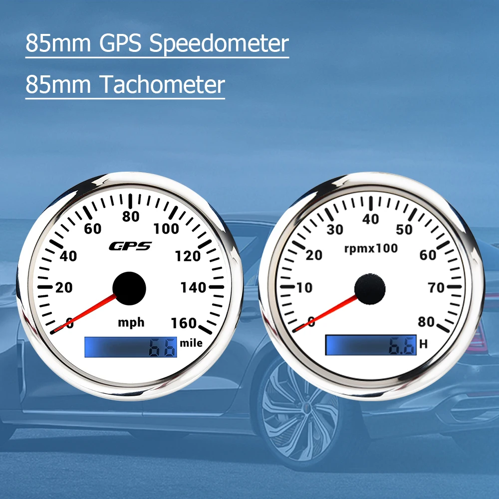 

RHAXEL Gauge Set 3 3/8'' GPS Speedometer Odometer 160MPH Tachometer 8000RPM with 7 Colors Backlights for Racing Yachts 12V 24V