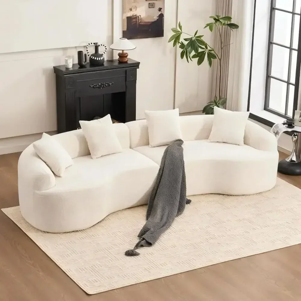 Luxury Wood Grain Chenille Fabric, Oversized Curved Sectional Sofa, Living Room, No Assembly Required, White, 110.2