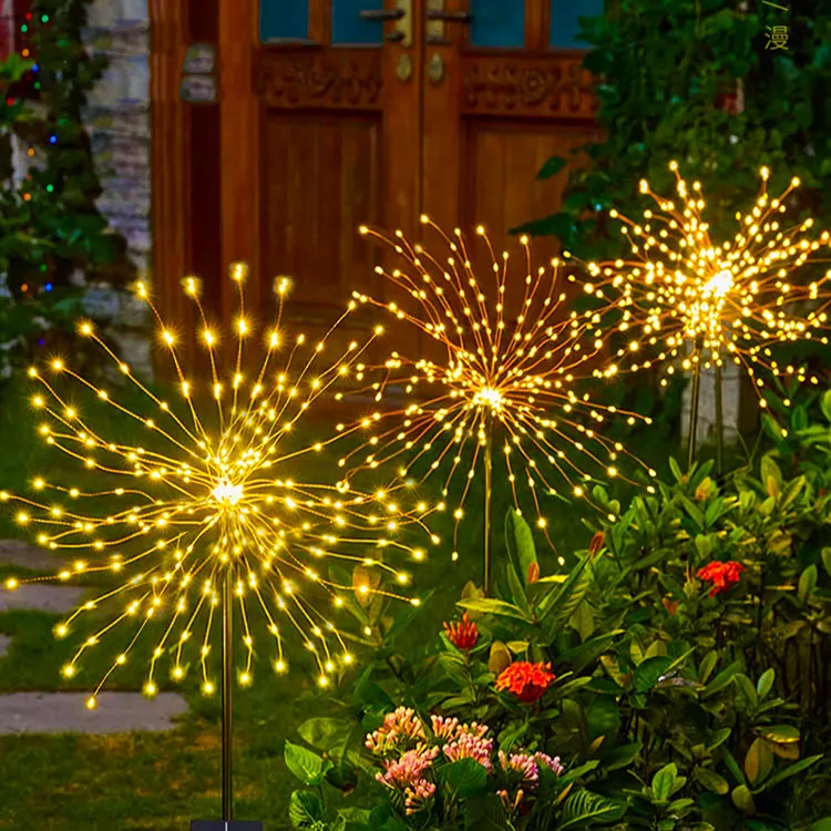 Outdoor Solar Fireworks Luz, Impermeável, Jardim Pátio, Estrada Gramado Decoração, Fio de Cobre, 2 Pcs Set