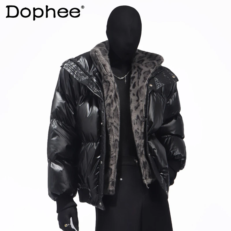 2025 Men's Winter New Glossy Leopard Print Versatile Short Style Faux Two-Piece Cotton Jackets Zipper Thick Long Sleeve Parkas