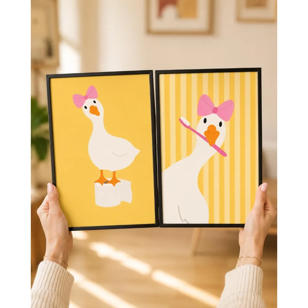 2pcs Frameless,2D Flat ,Frameless,Funny Goose Bathroom Art Printing,Yellow Toilet Paper Guest Decor,Digital Download,Toilet Bath
