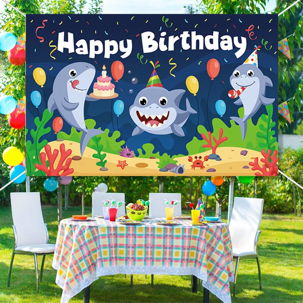 Sea Shark Themed Birthday Background Underwater World Sea Wave Child Birthday Party Decoration Banner Boy Photography Backdrops