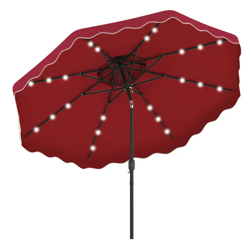 10 Ft Solar Led Patio Umbrella With Crank And Push Button Tilt, 8 Ribs Reinforced Structure For Outdoor Deck Pool Commercial Shade, Red