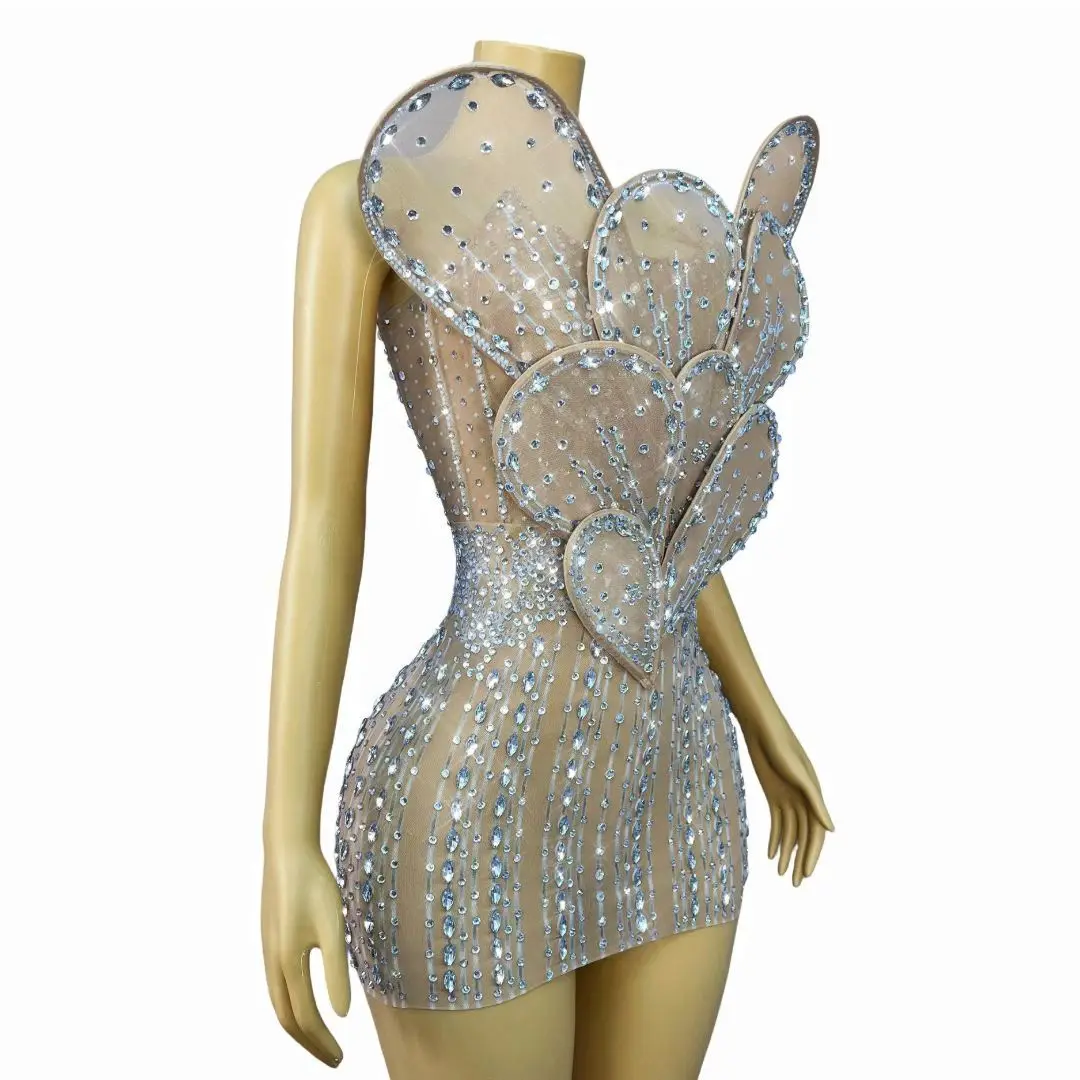 Yehuaban Design 3D Petal Strapless Dress Silver Rhinestone See Through Mesh Hip Hugging Dress Club Dancer Performance Dress