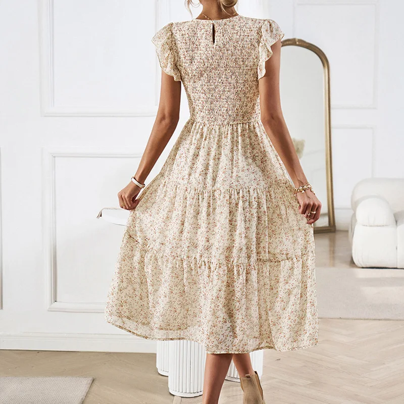 خمر بوهو الأزهار طباعة المرأة الصيف فستان طويل ريترو س الرقبة أكمام شاطئ فستان الشمس عادية بوهيميا ميدي عالية الخصر ماكسي D #2