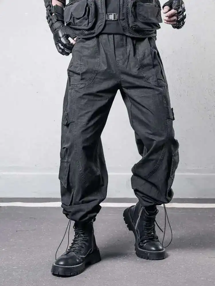 HKSH Primavera Nuova Nicchia Originale Americano Retro Vibe Techwear Multi Tasca Dritto Pantaloni Cargo Da Uomo Allentato Stile Safari Scuro HK4093