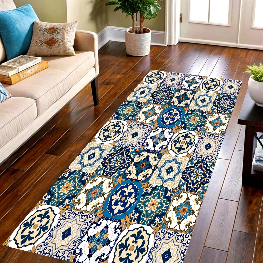 Commercial Kitchen Tile Flooring - Blue Portuguese Tile Long Runner Rug,retro