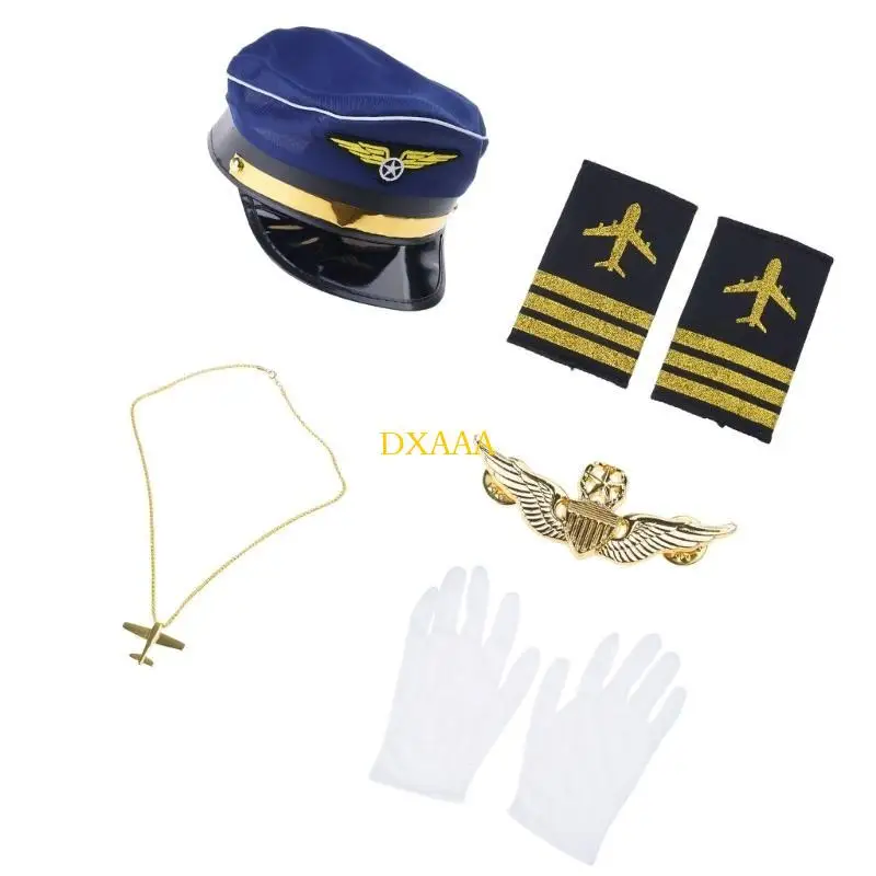 Dxaa fantasia comissário bordo, roupas capitão, chapéu, uniforme, dragonas, gravata, luvas, aeromoça, acessórios