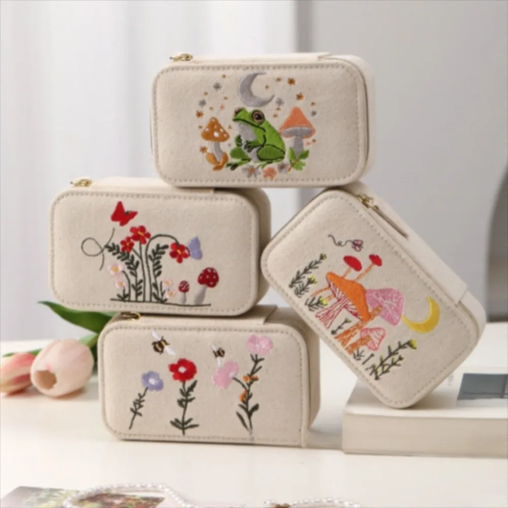 Embroidered Jewelry Storage Box Mini Organizer Earrings Necklace Ring Jewelry Box Packaging Box Mushroom Jewelry Display Case