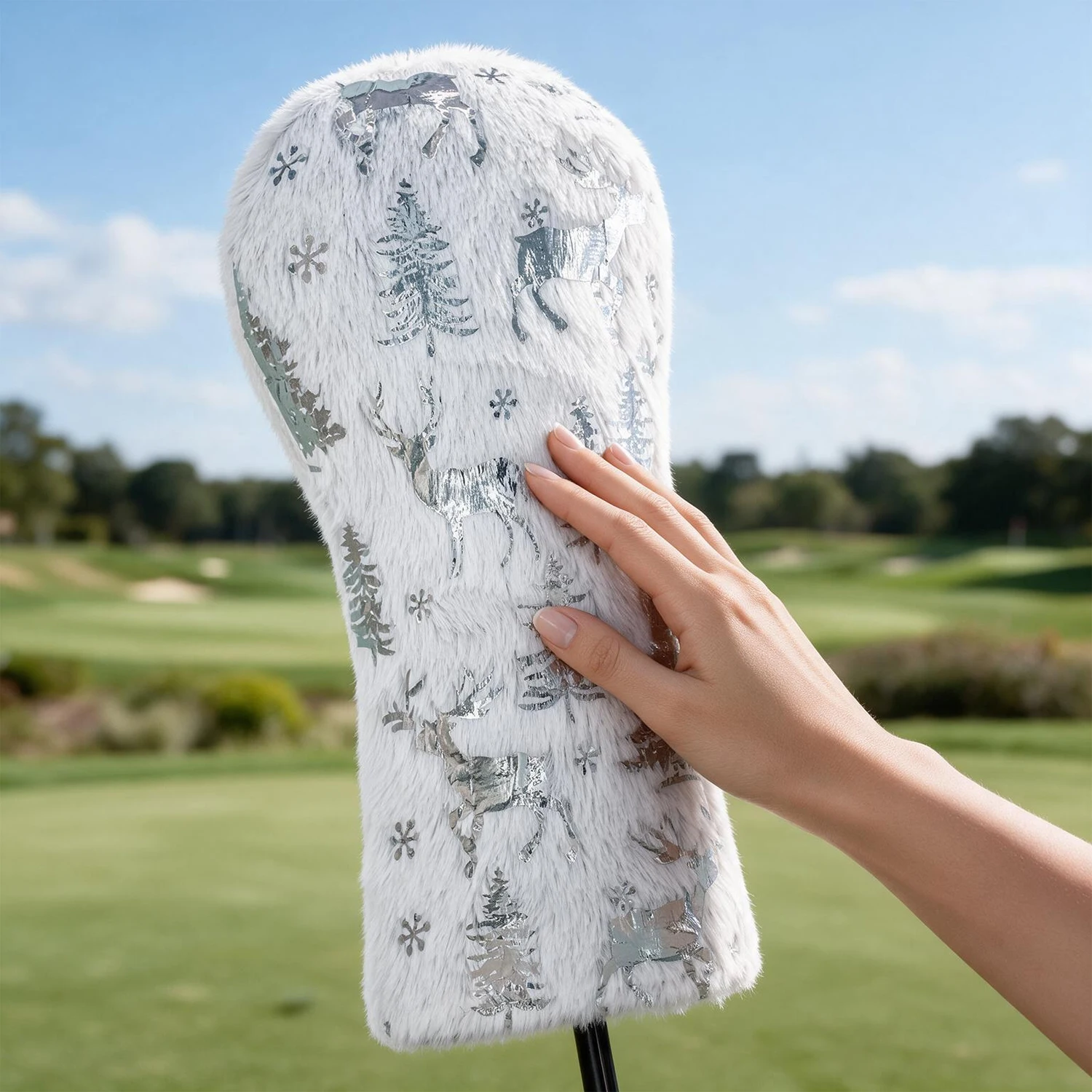 Golf Wood Head Cover, Silver White Elk Snowflake Plush Christmas Design, Compatible with Driver, Fairway Wood and Hybrid，Gift