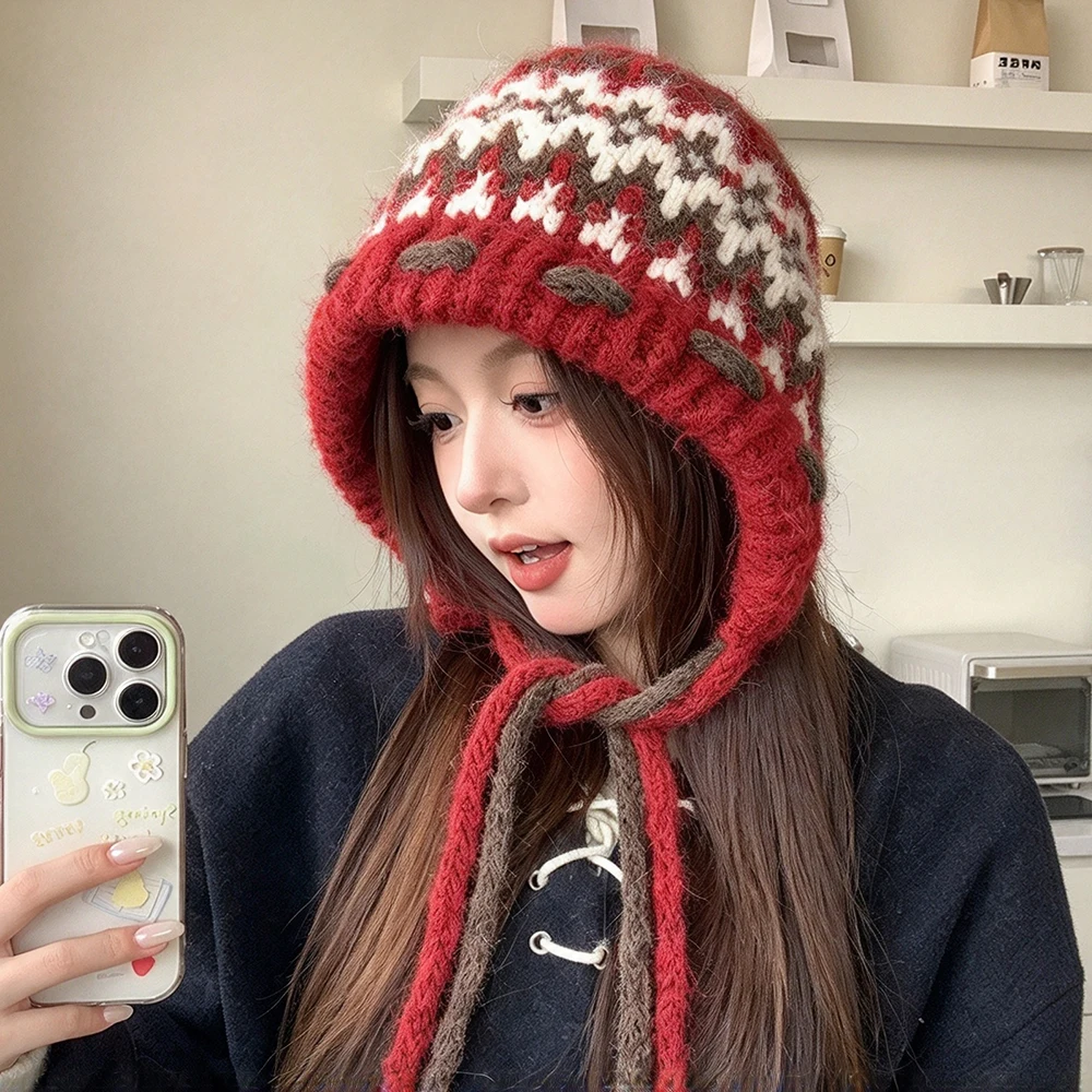 Warm Knitted Cap Winter Anti-cold Thickened Bomber Hat Fashionable Ear Protection Windproof Women Outdoor Skiing Protectors Hats
