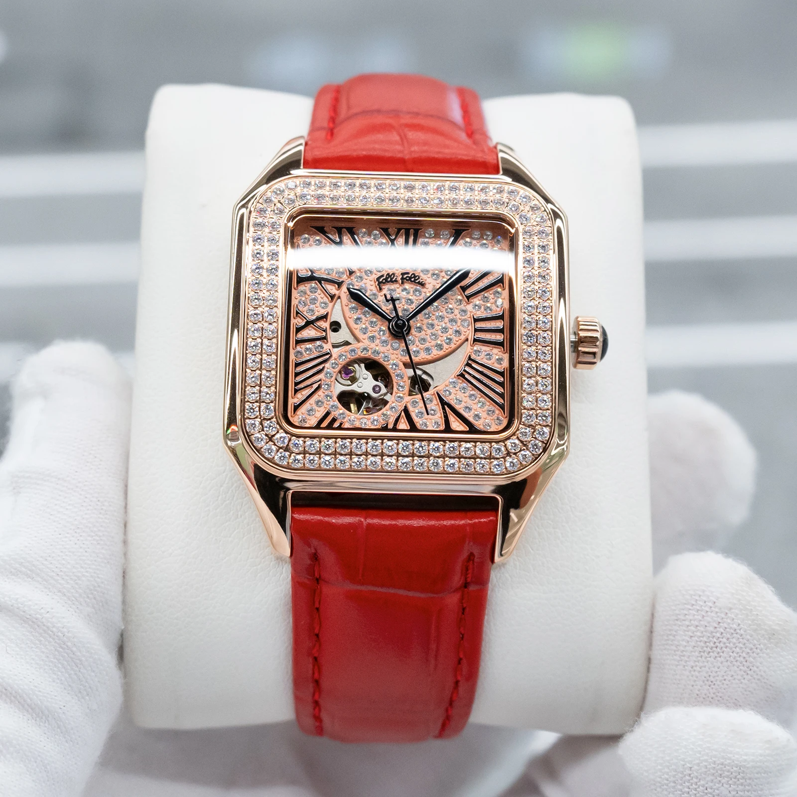 ساعة فولي فولي للسيدات بمينا ذهبي وردي وألماس أوتوماتيكية مع أرقام رومانية وحزام جلدي فاخر للسيدات #1