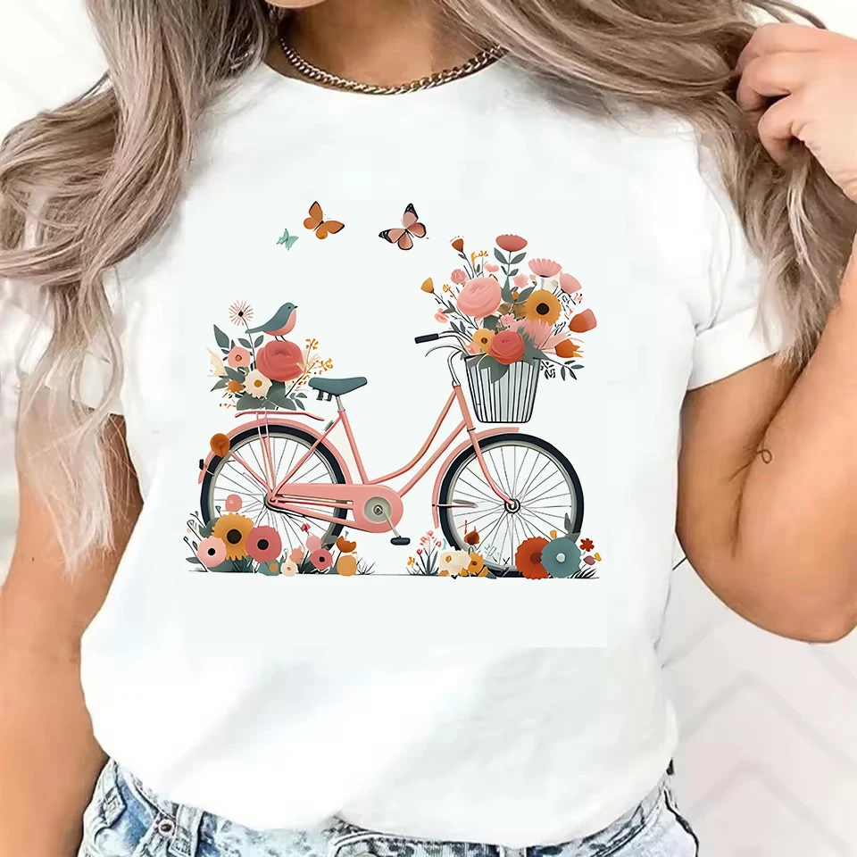

Floral Butterfly with Bicycle Print Casual T-Shirt Graphic Print Harajuku Sleeve Casual Clothing Street Tops Aesthetic Clothes