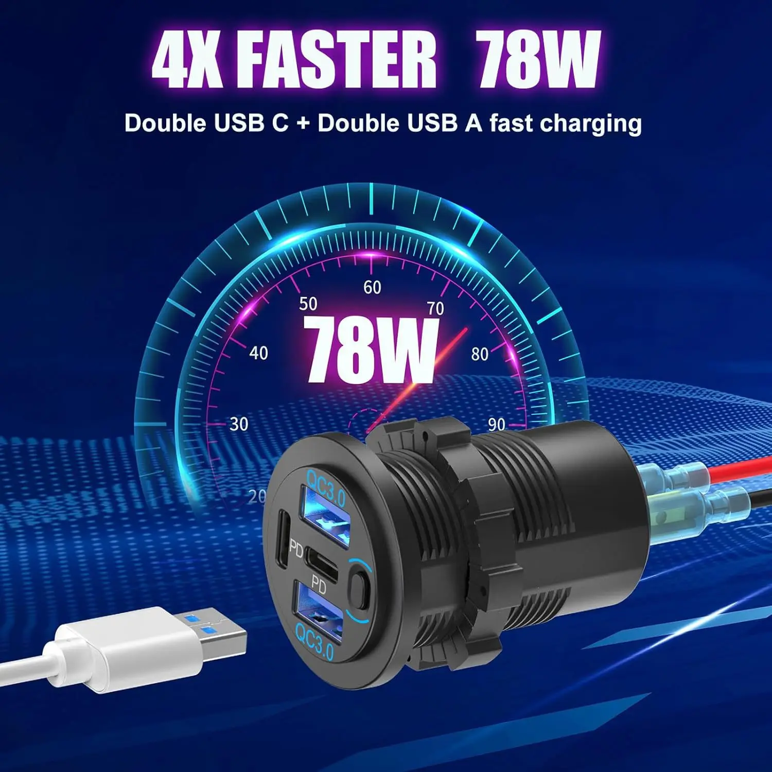 78W Multiport Car Charger Socket Dual PD 30W USB C & Dual QC3.0 Port 12V USB Outlet with Power Switch for Car Marine RV ATV