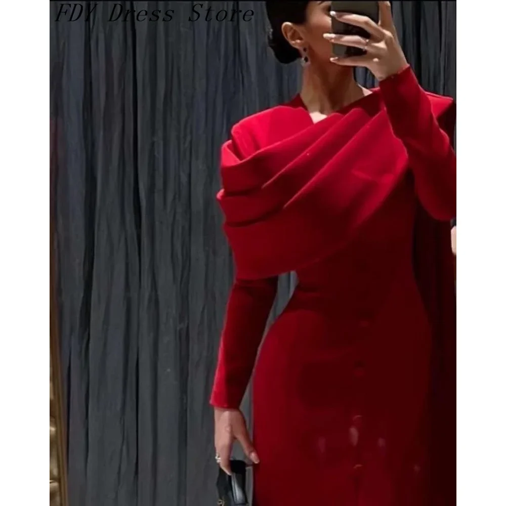 Customized Elegant Red Satin Womens Dresses Long Sleeves Pleated Straight Ankle Length Wedding Party Dresses Formal Ocn Dress