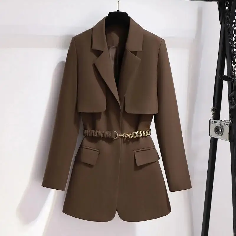 

Fashion Blazer Jacket For Women Autumn Single Breasted Long Sleeves Metal Belt Coat Female New Luxury Office Blazer Clothing Top