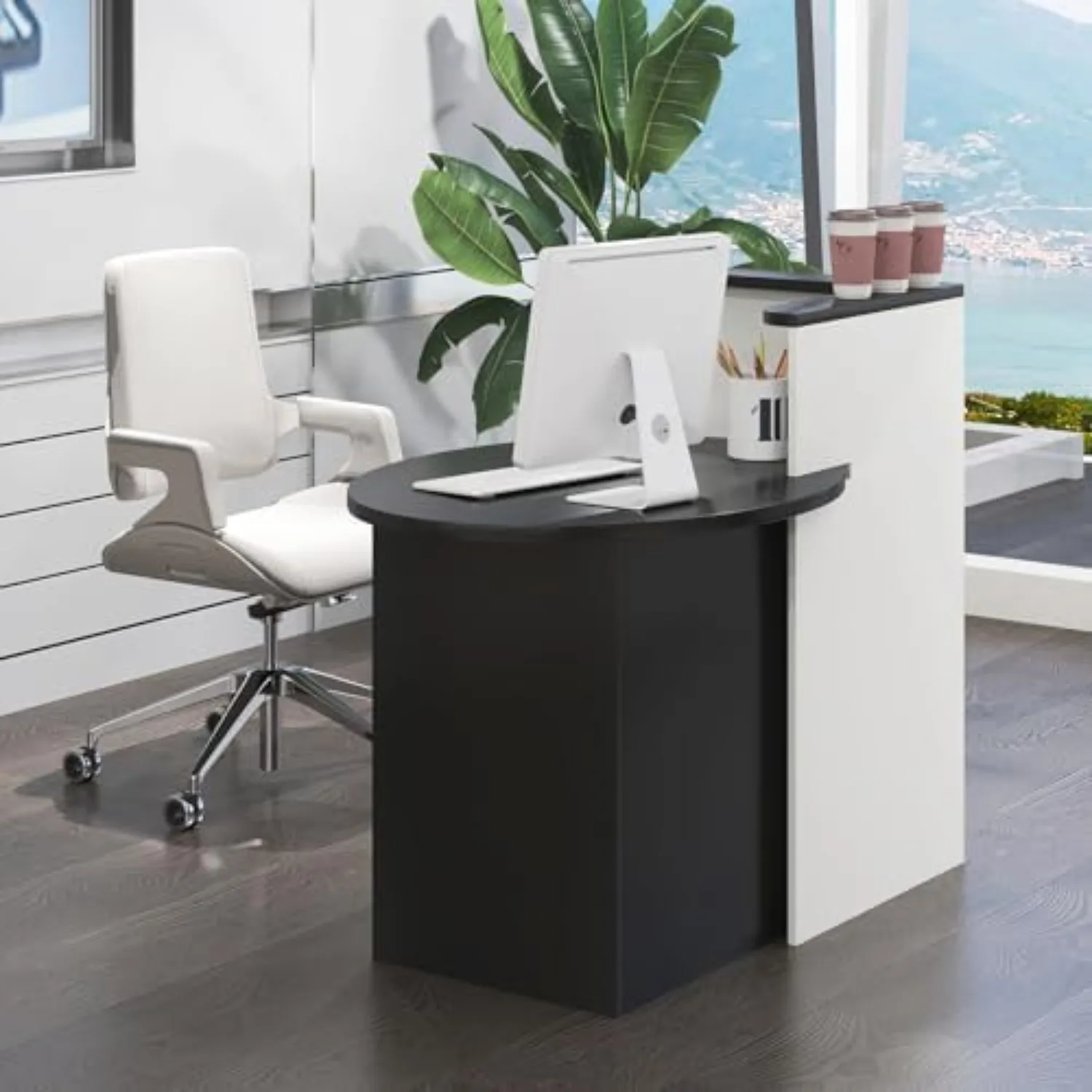 Reception Desk, Front Counter Desk with Lockable Drawer & Adjustable Shelf, Oval Desktop, Retail Counter for Checkout