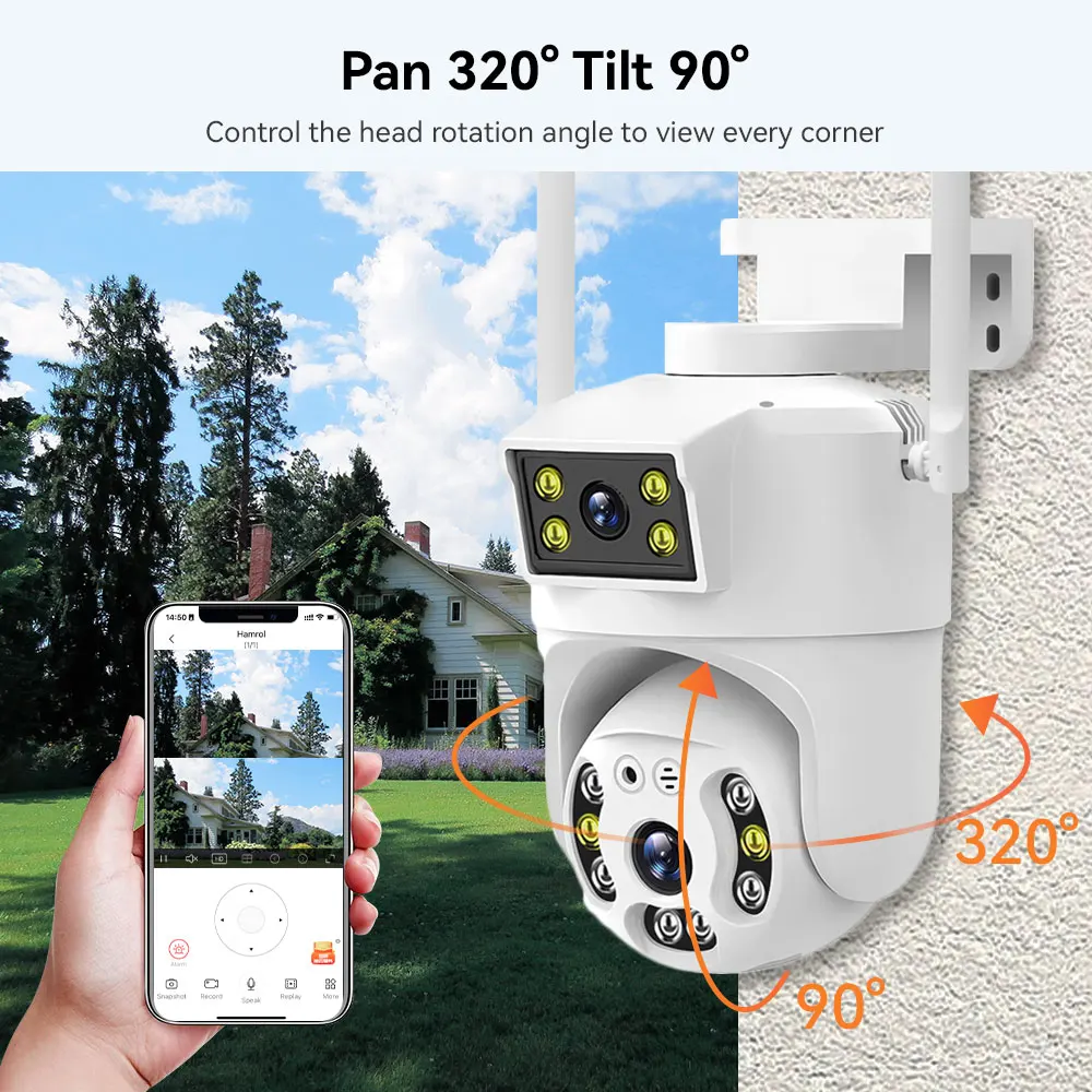 Cámara PTZ inteligente para el hogar, dispositivo de 8MP, 4K, doble lente, Wifi, visión nocturna, pantalla Dual para exteriores, de 6MP protección