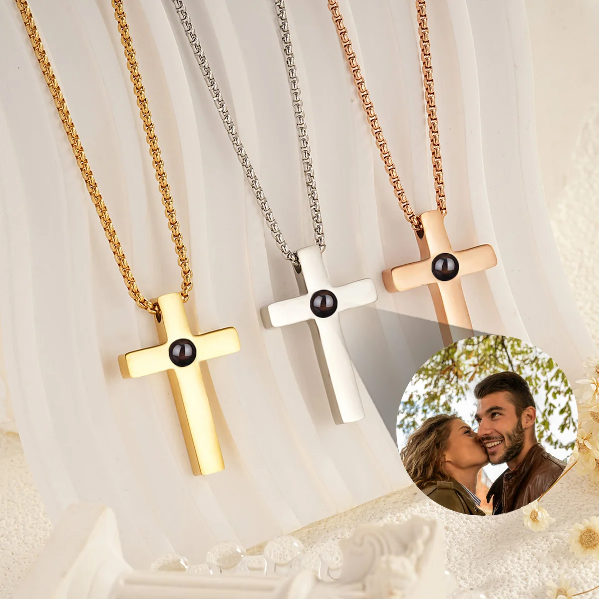 

Photo Custom Necklace for Men Stainless Steel Cross Shaped Projection Necklace Family Memory Father's Day Gift