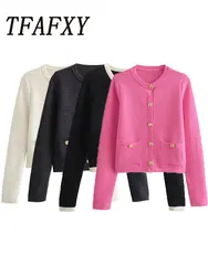 TRAF 2024 Autumn New Women's Cardigan Long Sleeve Pocket Single Breasted Decoration Knitted Coat Sweater