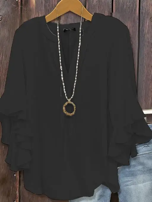 

Women's Clothing Summer 2025 Lotus Leaf Seven Quarter Sleeve Top Solid Color Fashionable Casual Loose V-Neck Business Shirt