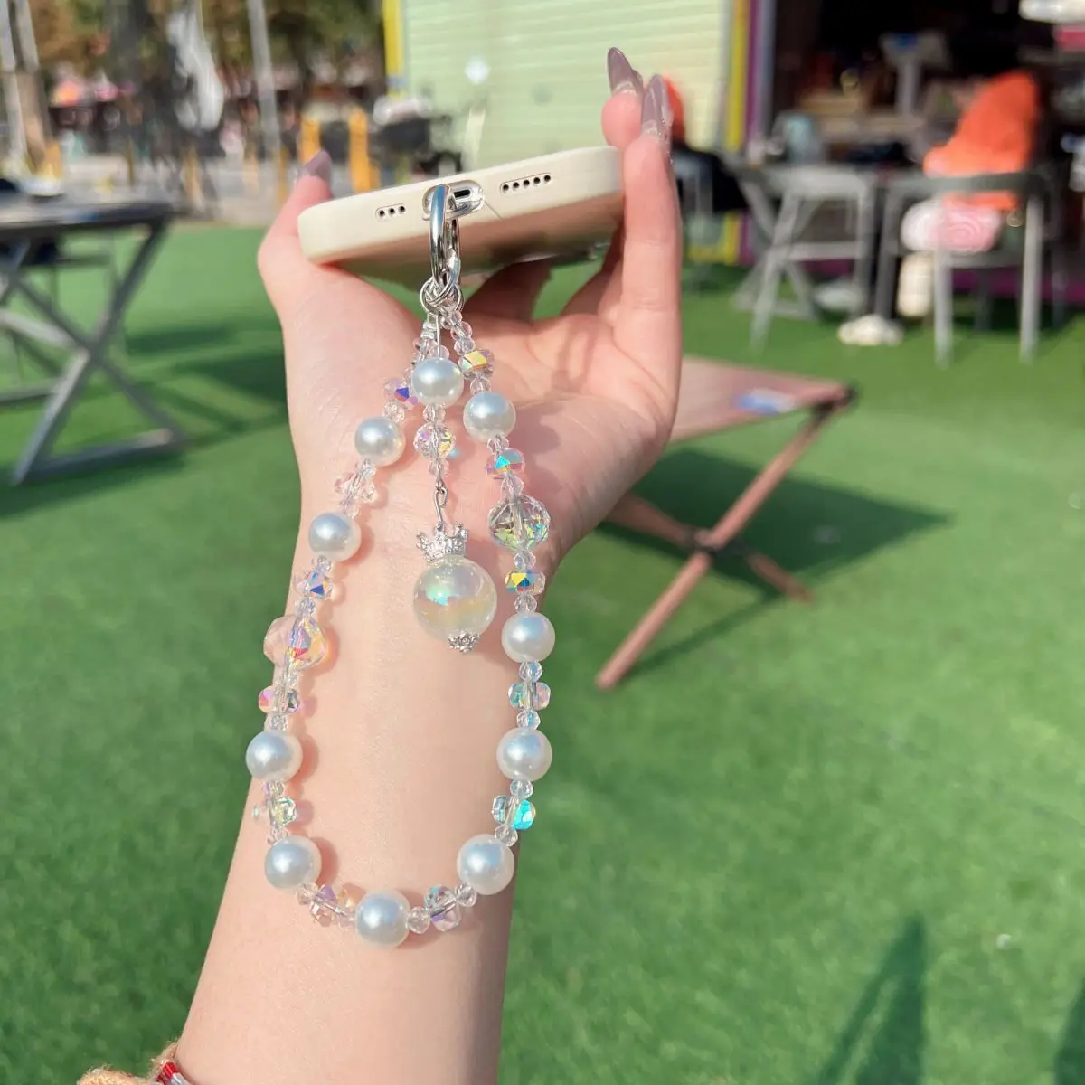 For Phone Hanging Chain Crown Pendant High-End Simple Crystal Beaded Accessory Keychain Niche Light Luxury Short Style