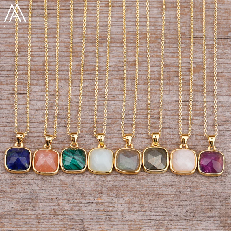 

Elegant Gold Chain Square Pendant Necklace Women Lapis Labradorite Stones Collar Choker Necklace Female Teengirl Boho Jewelry