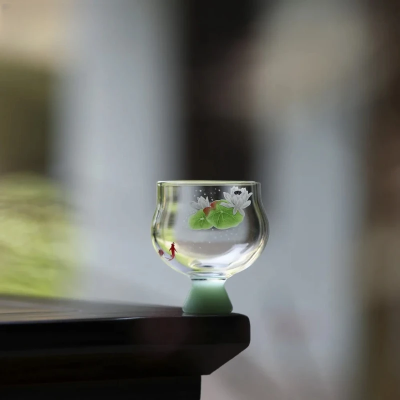Creative Fish Playing Lotus High Foot Tea Cup Handmade Heat Resistant Glass Master Cup Meditation Cup Goblet Mug 60ml