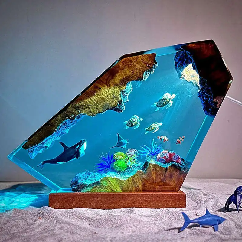 Handmade Simulated Shark Epoxy Resin Seabed Organism Diver Exporation Miniature Figurines Unique Night Light Tabletop Home Decor