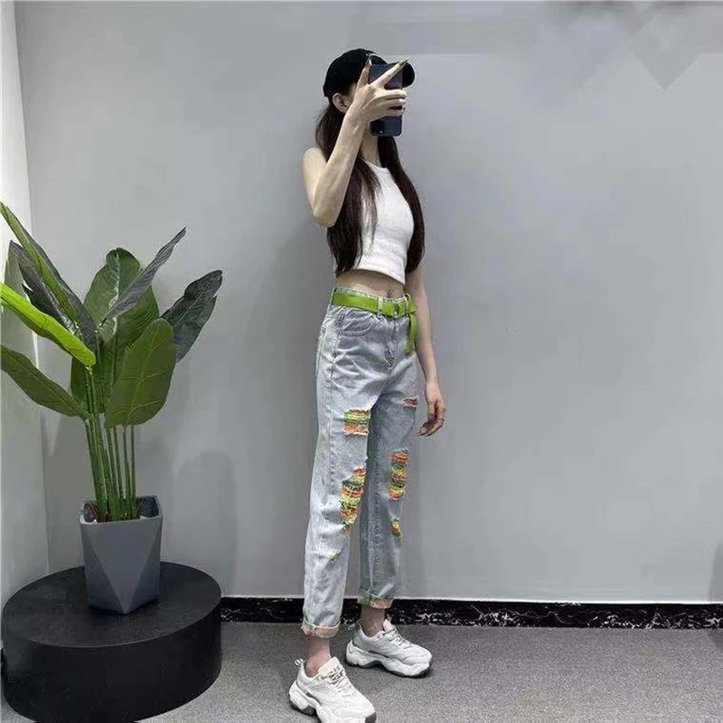 Colored Stripes Hole Denim Harem Pants Women Spring Summer High Waist Loose Casual Oversized Jeans Fashion Trend Streetwear Jean