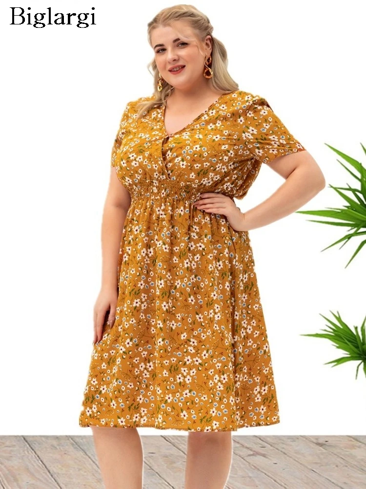 

Plus Size Summer Mini Flower Floral Print Dress Women V-Neck Modis Ruffle Pleated Ladies Dresses Loose Short Sleeve Woman Dress