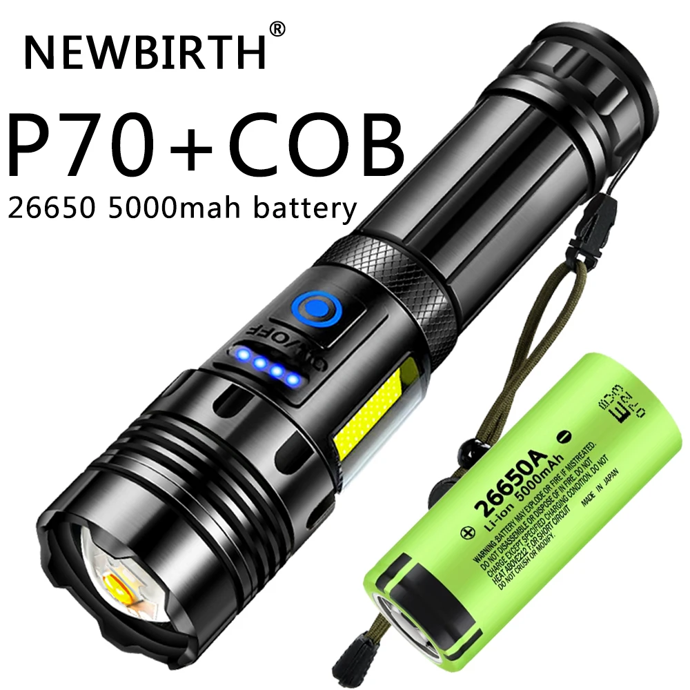 XHP70+COB Dual Light Source LED Flashlight with Power Bank Zoom External Battery Flash Light USB Charging 18650 26650 Battery