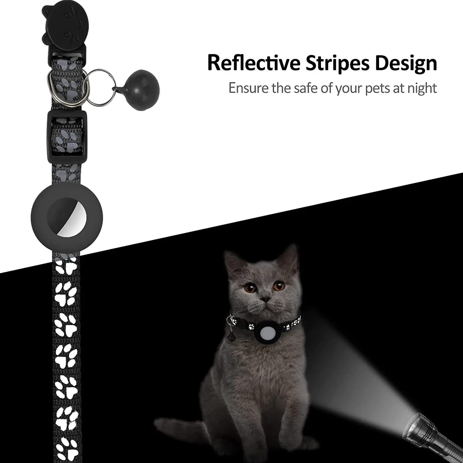 Pet Safety Reflective Collar Adjustable Footprint Print Pet Necklace With Bells For Airtag Cat Dog Accessories