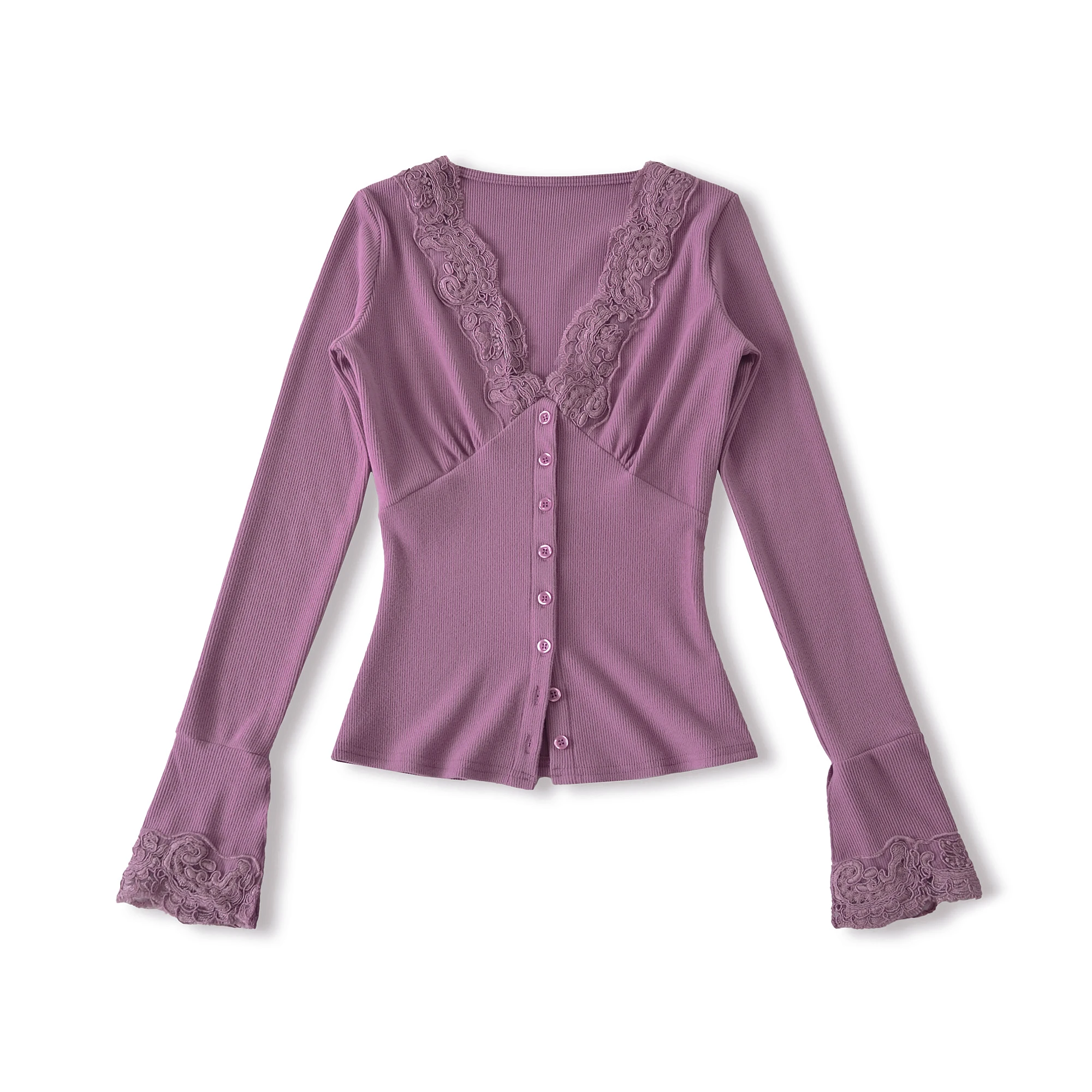 4 Colors Autumn V Neck Spliced Lace Rib Long Flare Sleeve T-Shirts Women Open Buttons Slit Hem Slim Tee Skinny Blouse Tops