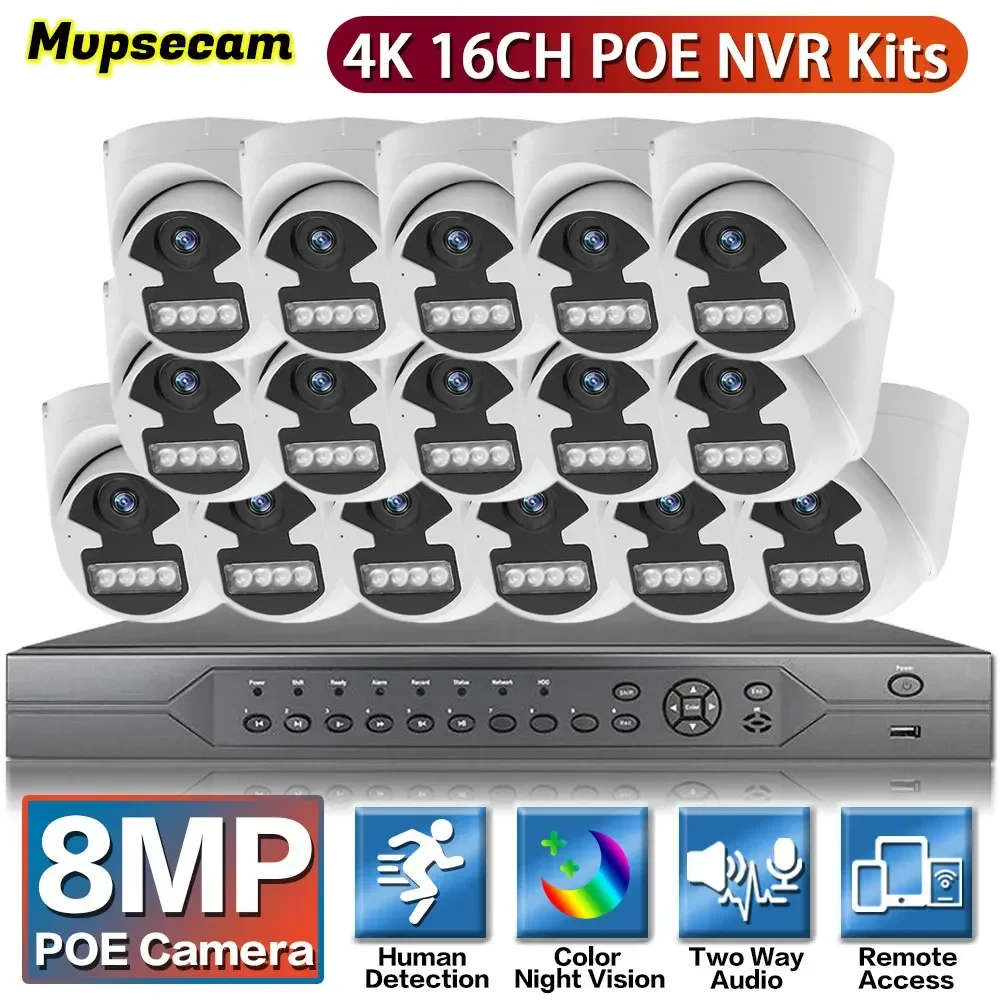 Sistema de cámaras de vigilancia con visión nocturna, Kit de NVR H.265 + 16 canales, 4K, POE, 8MP, HD, Audio bidireccional, para interior y exterior, colorido, P2P