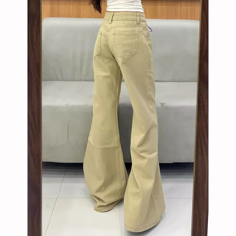 Girls Chic Khaki Low Waist Flared Jeans Women Retro Fashion Solid Denim Trousers Female Korean Thin Straight Leg Pants
