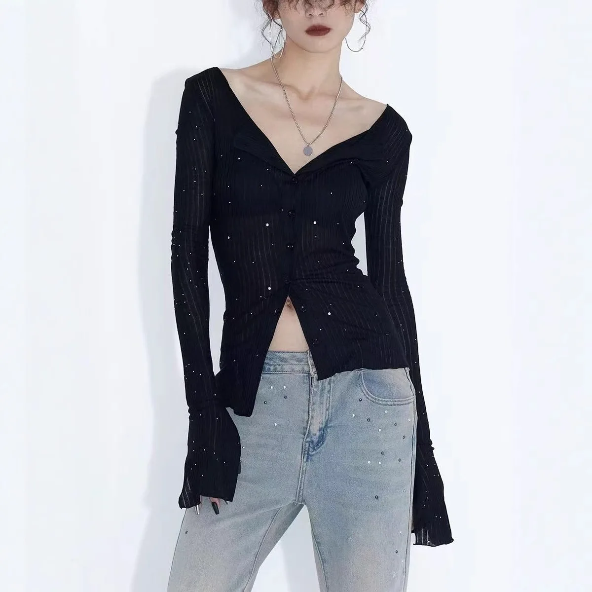 Women's Base Layer Knitting Cardigan 2026 Spring Summer Star Rhinestone Sheer Mesh Cardigan Summer Black Sun Protection Coat