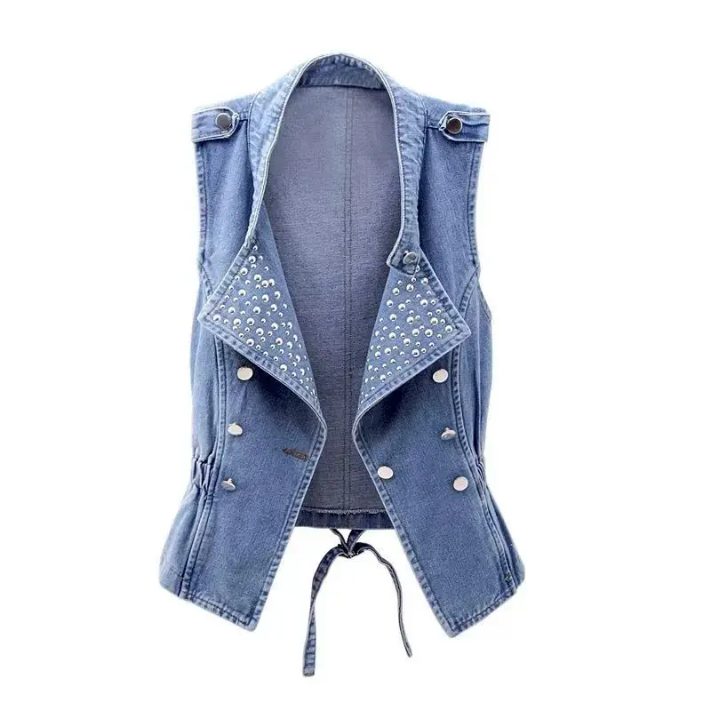 Spring and Autumn Chinese style buckle slim fit suit collar denim vest women's short versatile vest  casaco feminino
