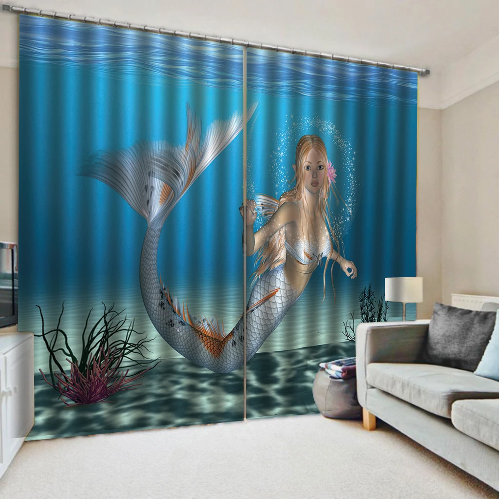 Modern custom 3d curtains small fresh and simple style blue underwater curtain kids curtain