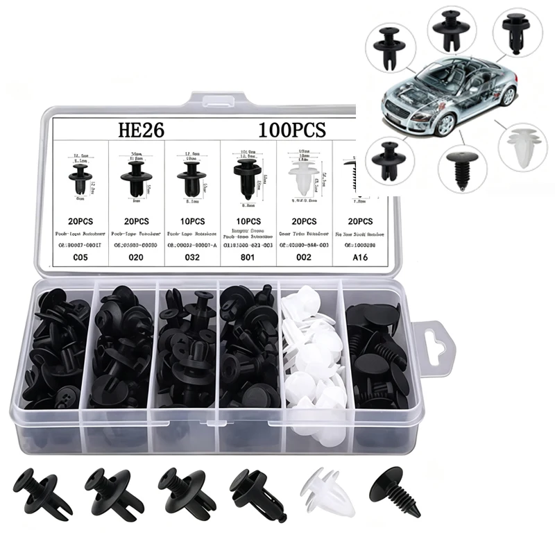 100pc Auto Fastener Clip Kit Fender Rivet Clips Car Body Push Retainer Pin Rivet Bumper Door Trim Panel Retainer Car Clips
