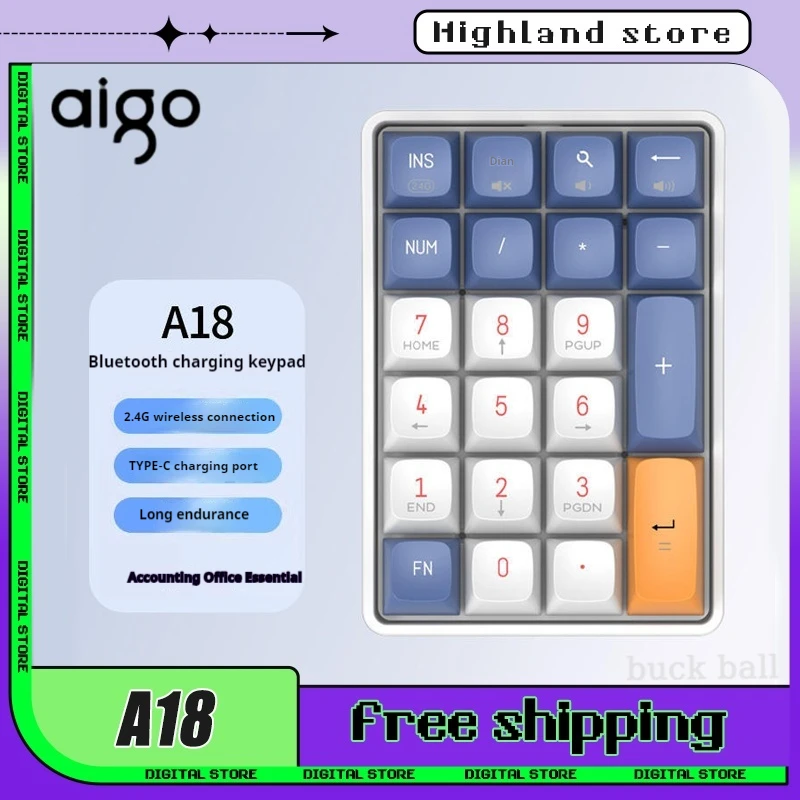 Aigo A18 Number Keypad 22keys Wireless Custom Keyboard 2 Mode Mini Portable Pad 2.4G Yellow Switch For Laptop PC Numeric Keypads